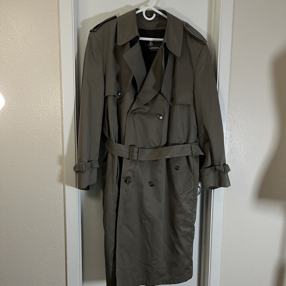 VTG London fog double breasted trench coat mens 44Reg Gray Zip Out Liner
